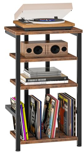 HOOBRO Mobile Giradischi a 4 Ripiani con Vano per Dischi in Vinile, Mobile Hifi per Apparecchi Audio e Media, Supporto, Alto 39 x 28 x 76 cm, per Soggiorno, Camera, Nero e Marrone Vintage EBF42CJ01