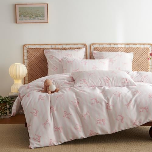 Lanqinglv Bettwäsche 135x200 Mädchen Kinder Rosa Schleifen Gestreift | ÖKO-TEX Zertifiziert,Kinder WendeBettwäsche für Allergiker,Atmungsaktiv Bettbezug und 1 Kissenbezüge 80x80 mit Reißverschluss