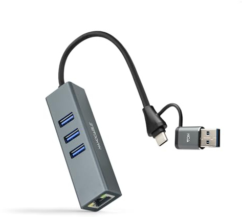 Nanocable 10.03.0412 - Konverter USB-C + USB-A/M 3.0 zu Ethernet + 3xUSB-A 3.0, Aluminium, grau, 15 cm