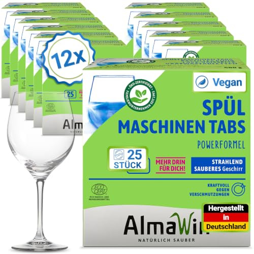 AlmaWin® Spülmaschinentabs [12x 25 Stück] mit Powerformel für strahlend sauberes Geschirr - Öko Spülmaschinentabs für leichte Dosierung - Kraftvolle Geschirrspültabs - Ohne Phosphat, Bio & VEGAN