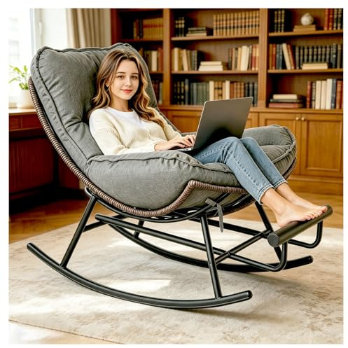 Schaukelstuhl mit Fußstütze - Relaxsessel für Innen & Außenbereich - Robustes Metallgestell ohne Armlehnen -Inkl. Sitzkissen und Seitentasche - Der ideale Schaukelstuhl für Balkon, Garten & Wohnzimmer