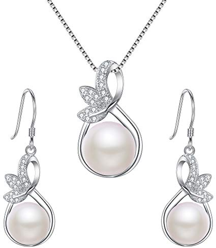 Clearine Damen 925 Sterling Silber Hochzeit Braut CZ Cream Süßwasser-Zuchtperle Unendlichkeit Blatt Vine Anhänger Halskette Hook Ohrringe Schmuck Set Klar