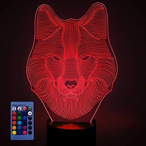 HPBN8 Ltd 3D Wolf Lampe USB-Kabel Fernbedienung 7/16 Farben Amazing Optical Illusion 3D wachsen LED Lampe Formen Kinder Schlafzimmer Nacht Licht für Kinder Schlafzimmer Geburtstagsgeschenke Geschenk