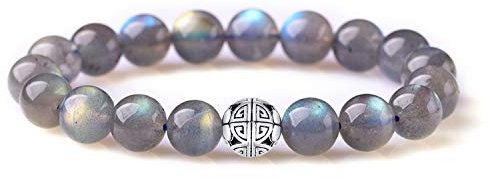 MetJakt Natural 8mm Gemstones Healing Crystal Stretch Beaded Bracelet Bangle with 925 Sterling Silver Double Happiness Pendant (Labradorite)