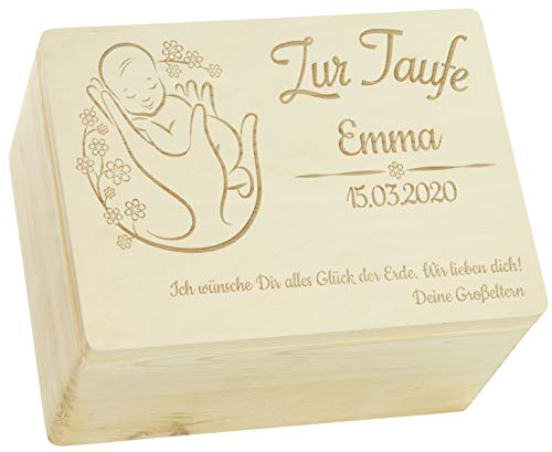 LAUBLUST Holzkiste mit Gravur - Personalisiert mit Name | Datum | WIDMUNG - Natur Größe XL - Blumenbaby Motiv - Geschenkkiste zur Taufe - FSC®
