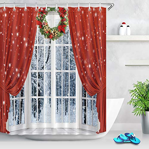 LB Weihnachten Duschvorhang 180X200cm Roter Vorhang,Schneewald Bad Vorhänge Polyester Extra Lang Wasserdicht Anti Schimmel Badezimmer Deko Heimzubehör mit Vorhanghaken