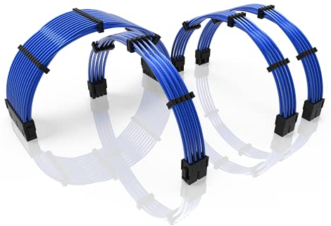 LINKUP - 50cm PSU Kabelverlängerung Ummantelt GPU Nach Maß PC Stromversorgung mit Kamm-Kit | 1x 24 P (20+4) | 1x 8 P (4+4) CPU | 2x 8 P (6+2) GPU set | 500mm - Metallic-Blau