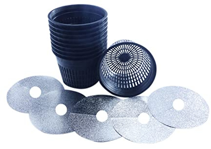 Net Pot 6 Inch Raised Center Bottom Mesh Sided with Free Reflective Pot Lids for Hydroponic System and Plant Growing Pack of 10
