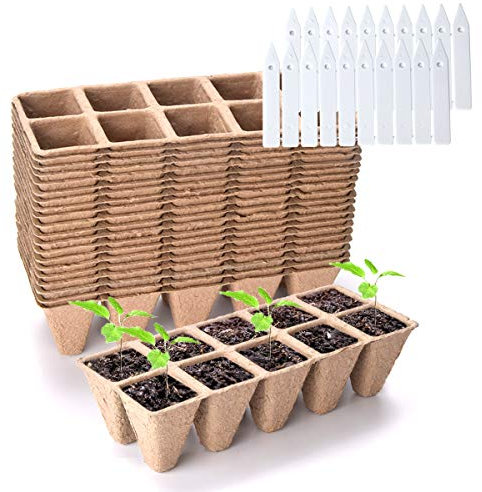 LoiStu Lot de 20 pots de tourbe, 200 alvéoles biodégradables pour semis d'intérieur et d'extérieur, comprend 20 étiquettes en plastique pour plantes