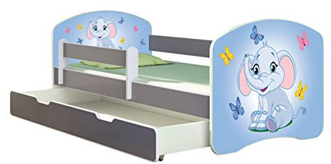 ACMA Kinderbett Jugendbett mit Einer Schublade und Matratze Grau mit Rausfallschutz Lattenrost II (26 Elefant, 180x80 + Bettkasten)