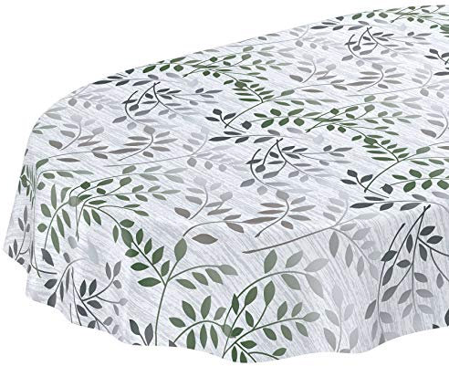 Wachstuchtischdecke abwaschbar Garten Tischdecke Wachstuch Rund Oval Eckig Indoor Outdoor Blätter Silber Grün Oval 200x140cm