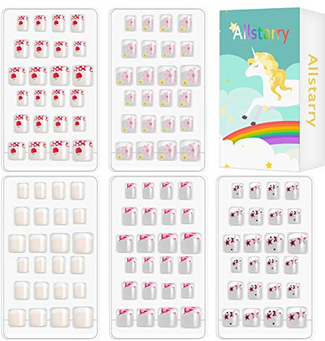 Allstarry 120pcs 5 pack French Children Nails Press on Pre-glue Full Cover Short French False Nail Kits Lovely Gift for Children Little Girls Nail Art Decoration (Flower Series)