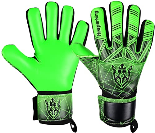 Keeperking Torwarthandschuhe Erwachsene Kinder Jugend mit und ohne Fingerschutz Fußballhandschuhe abnehmbar fingersave 4mm Unisex (7,Grün-Abnehmbar FS)