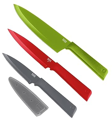 Kuhn Rikon Colori+ Professional 3 Pc Kitchen Knife Set (Chef Knife, Utility Knife, Serrated Paring Knife) Kitchen Knives Set. Sharp Knife Set – 3 Year Kuhn Rikon Kitchen Accessories Guarantee