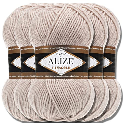 Alize 5 x 100g Lanagold Classic Türkische Premium Wolle Baumwolle und Acryl Uni Handstrickgarne | Yarn | Garn | Strickgarn Einfarbig Baby zum Häkeln Stricken Kleidung Schals (Stone | 585)