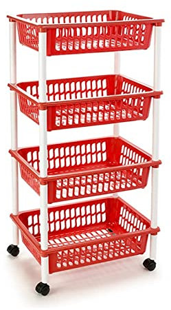 AC - Carrito verdulero Modelo PLFT de plástico con 4 Niveles y Ruedas, cestas apilables portaobjetos, Frutas, Verduras, Cocina, baño (Rojo - 85 x 40 x 30 cm)