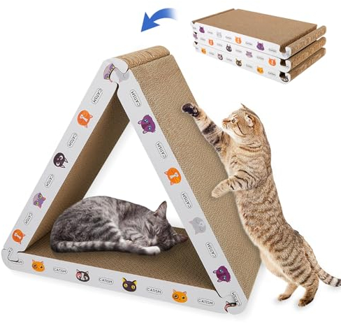 CATISM Dreieckiger Kratzbrett für Katzen, 6 Nutzbare Seiten Katzenkrat Karton, 3 In 1 Kratzpappe Kratzmatte Montierbarkeit Kratzpads Doppelseitige Kratzpads für Katzen Recycelbare Pappe