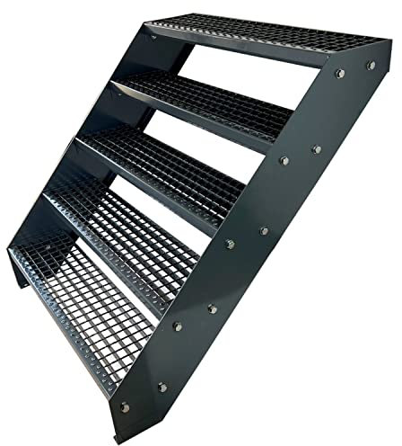 Kaminbau Mierzwa Premium Stahl Treppe Verzinkt & komplett Anthrazit Pulverbeschichtet 5 Stufen (Breite 140 cm) (Höhe 95 cm) Wetterfest Gitterroststufe Gartentreppe