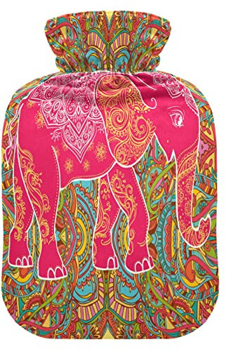 Mnsruu Elephant Indian Mandala Aztec Hot Water Bottle with Velvet Cover, 2L Transparent Hot Water Bag for Hand Foot Warmer Pain Relief Hot Cold Therapy Cramps