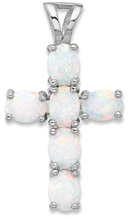 Halskette aus 925er-Sterlingsilber, platiniert, künstlicher Opal, religiöser Glaube, Kreuz-Anhänger, Halskette, Maße: 11,32 mm breit, 3,14 mm, Schmuck für Damen, One Size, Metall Edelstein Aus Metall