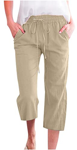 oglccg Womens Capris Trousers 3/4 Pants Cotton Linen Elastic High Waist Cropped Drawstring Summer Autumn Solid Color Pockets Loose Straight Wide Leg Outdoor Plus Size 8-18 Beige, 3XL