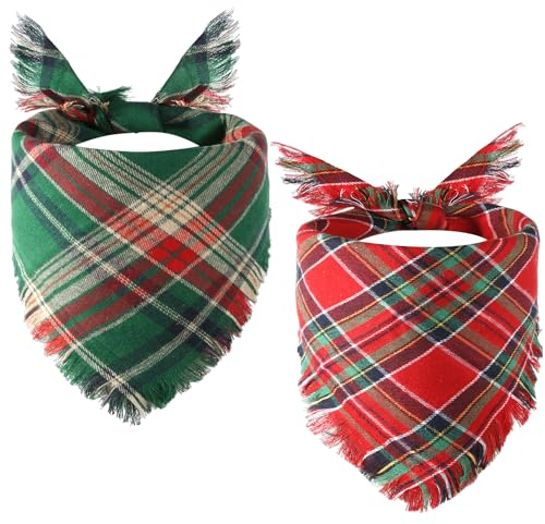 lasuroa 2stk Weihnachts Hundehalstücher, Stilvoll Kariertes Hundehalstuch Personalisiert mit Quastenkanten Mehrere Größen Haustier-Bandanas für Kleine Mittelgroße und Große Hunde