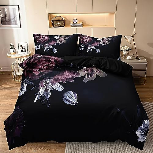 DXHOME Bettwäsche 135x200 Blumen Schwarz Vintage Blüten Muster 3D Floral Bettbezug Set Weiche Microfaser Bettwäsche Aesthetic Bettbezug mit Reißverschluss + 1 Kissenbezug 80x80 cm