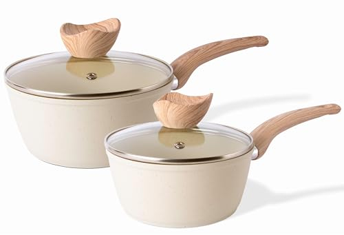 Induction Saucepan Set with Lid – Non Stick Saucepan for Induction – 2pcs Cream Granite Sauce Pan – 16cm, 18cm Saucepot Set – by Nuovva