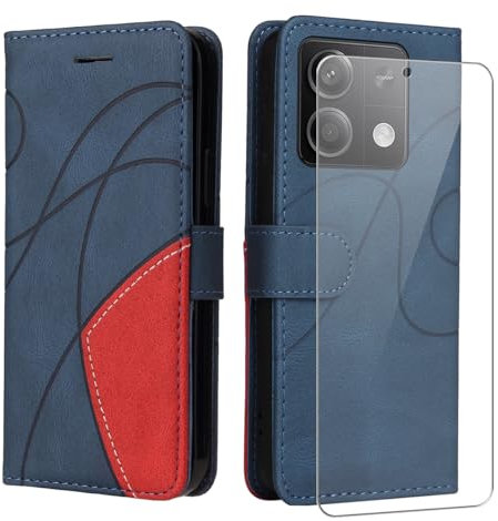 jrester Coque pour Xiaomi Redmi Note 13 5G(Pas pour la 4G), Modèle PU Cuir à Rabat Flip Housse Étui avec Un Verre Trempé Film Protection Écran pour Xiaomi Redmi Note 13 5G - Bleu et Rouge