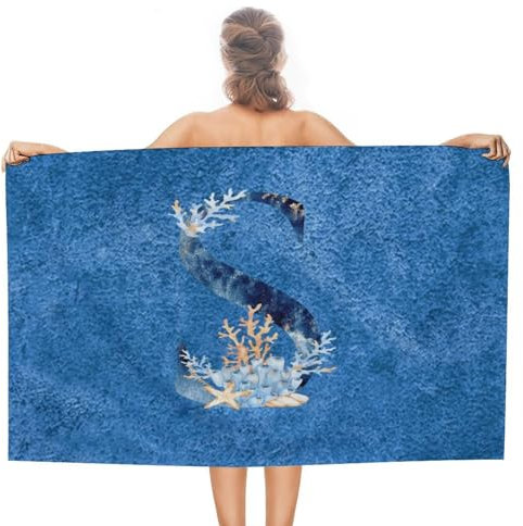 Beach Bath Towel for Women, Blue Initial Number Letter S Coral Reef Bath Towel Sandproof Pre-Washed Compact Picnic Towel, Summer Sea Animals Plants Cute Spa Hot Tub Picnic Towel 31x51 Inch
