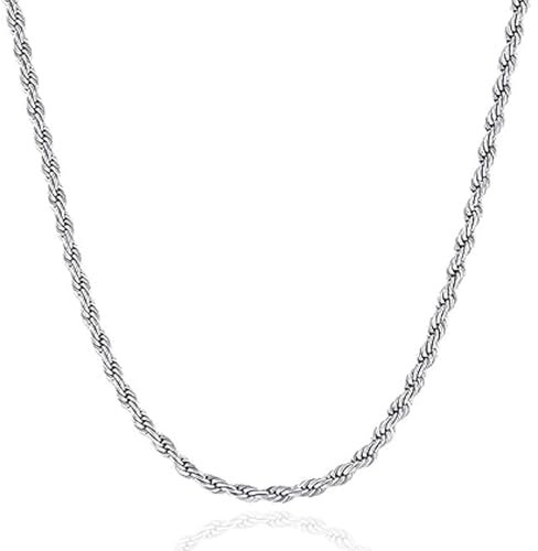 JENCVNL 2/3/4/5/6mm Catena a corda intrecciata, Collana a catena in acciaio inossidabile e argento per uomo e donna, regalo per compleanno, anniversario, Natale, lunghezza 46-66cm (Argento-6mm, 51.00)
