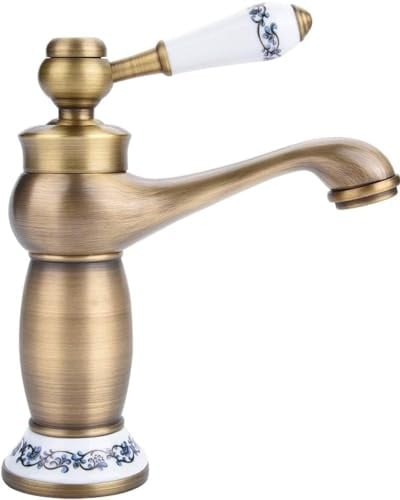 Vintage Antik Messing Wasserhahn mit Blau und Weiß Porzellan Langhals Mischbatterie mit Kalt- und Warmwasserbecken Spüle für Bad und Küche