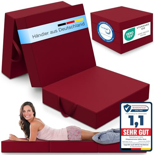 ELONEO Klappmatratze, Gästematratze, 3-teilige Faltmatratze, Schaumstoff extra dick (15cm), waschbar, Bandscheibenwürfel, klappbar, Faltbare Matratze, Erwachsene (Rot, 90 x 200 x 15 cm)