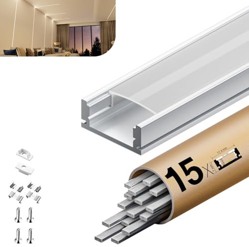 KOSOOM LED Aluminiumprofil 2 m x 15 Stück, mit matter PC-Abdeckung U Form LED Profil Maße 17,4 mm x 7mm LED Profil Unterstützt Led Streifen mit der Breite kleiner oder gleich 12,4 mm