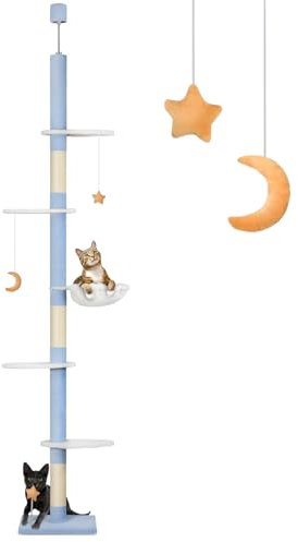 Cloud Cat Tree Floor to Ceiling Cat Tower 5-Tier Height (93-108 Inches) Adjustable Cat Climbing Tower with Sisal Scratching Posts Hammock Platforms Interactive Ball Toy for Indoor Cats
