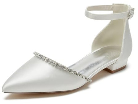 smlekwc Women's Ankle Strap Satin Bridal Shoes Comfort Flat Heel Ballet Dress Pumps with Rhinestone Party Prom Pointed Toe Wedding Shoes,Ivory,4 UK