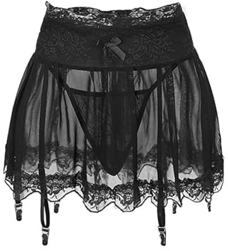MIZSPISE Women Sexy Mini Skirt with Garter Belt See Through Mesh Short Skirts Lace Up Lingerie 2 Piece High Waist Micro Skirt Outfits Going Out Club Party Clothing