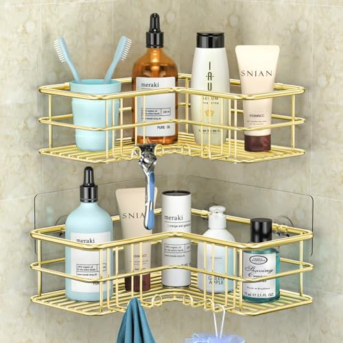 Menbyci Gold Corner Shower Caddy,Adhesive Shower Shelf with Hooks,Stainless Steel Rustproof Bathroom Storage Organizer,No Drilling Shower Shampoo Holder Wall Mounted,2-Pack