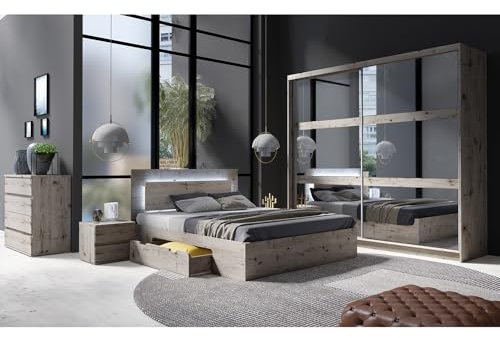 Lomadox Schlafzimmer Set 5-teilig mit Bettgestell 160x200cm, Schwebetürenschrank, Kommode, 2 Nachttische in braun Wellington Eiche Nb.