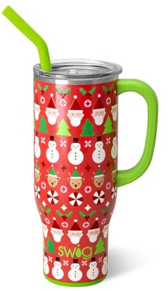 Swig Life 30oz Mega Mug, 30 oz Tumbler with Handle and Straw, Cup Holder Friendly, Dishwasher Safe, Extra Large Insulated Tumbler, Stainless Steel Water Bottle (Christmas Crew)