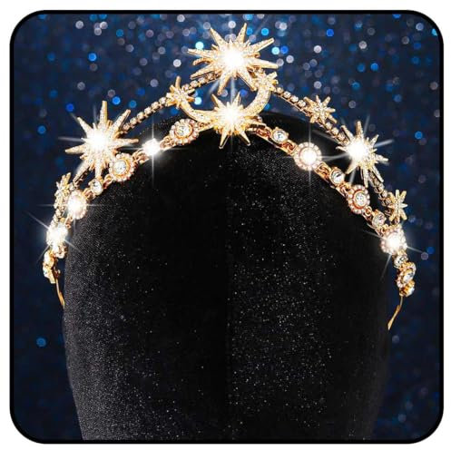 Zoestar Stern Mond Krone Stirnband Strass Braut Hochzeit Stirnbänder funkelnde Kristall Göttin Kopfschmuck Braut Haarschmuck für Frauen (Gold, Einheitsgröße)