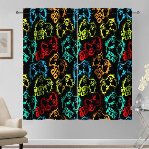 Kzzfqxb 117×138cm Gaming Vorhänge 2 Panels, Jungen Kinder Abstrakte Bunte Silhouette Gamer Joystick Esports Bedruckte für Jungen Teenager, Fensterbehandlung Drape Vorhänge