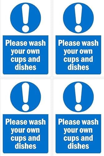Please wash your own cups and dishes sign, 100x150mm, pack of 4 stickers on A4 sheet