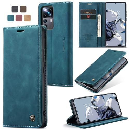 WJXEXRS Handyhülle für Xiaomi 12T / 12T Pro 5G Hülle Premium Leder Schutzhülle Klappbar mit Kartenfach Ständer Magnet Handytasche mit Flip Case Klapphülle für Xiaomi Mi 12T 5G / 12T Pro 5G -Blaugrün