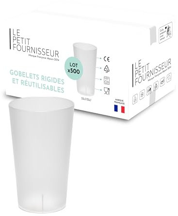 LPF LE PETIT FOURNISSEUR - Lot de 500 Gobelets réutilisables 25cl (33cl à ras-bord) - Polypropylène (PP) alimentaire rigide - Gobelets plastique durables - Compatible lave-vaisselle - Couleur Givrée