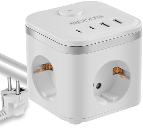 Echos – Cubo regleta 7 en 1 con cable (2 m) – Regleta de 3 enchufes con USB C – Regleta de 4 tomas USB con interruptor – Adaptador de enchufe con seguridad infantil – 3680 W
