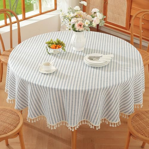 Plenmor Leinen Runde Tischdecke Gestreift180cm Tischdecke Baumwolle Blau | Abwaschbar Tischdecke leinenoptik für Party,Geburtstag,Garten,Outdoor Tischdecke Rund