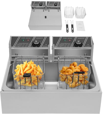 ROGONPDK Professionell Elektrische Doppelfritteuse, 12 L Fritöse Edelstahl Doppel Kaltzonen Fritteuse, 3.2KW Gastro Kaltzone Fritose Elektro Fettbackgerät mit Temperaturkontrolle 60°C-200°C