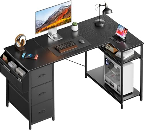 HLONONE Eckschreibtisch mit 3 Stoffschubladen, 120 x 78 cm Computertisch mit Stauraum, Schreibtisch L Form mit Seitentasche, PC Tisch mit Ablagefächer für Büro, Gaming und Home Office, Schwarz