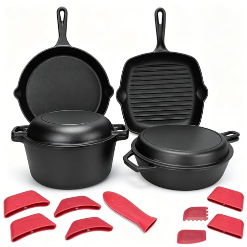GFTIME Gusseisen Kochgeschirr Set 6-teilig mit 5 QT Dutch Oven & Deckel, 3,2 QT Schmortopf mit 1,6 QT Pfannen-Deckel, 28 cm Grillpfanne, 30,5 cm Bratpfanne, für Herd, Backofen, Grill & Camping